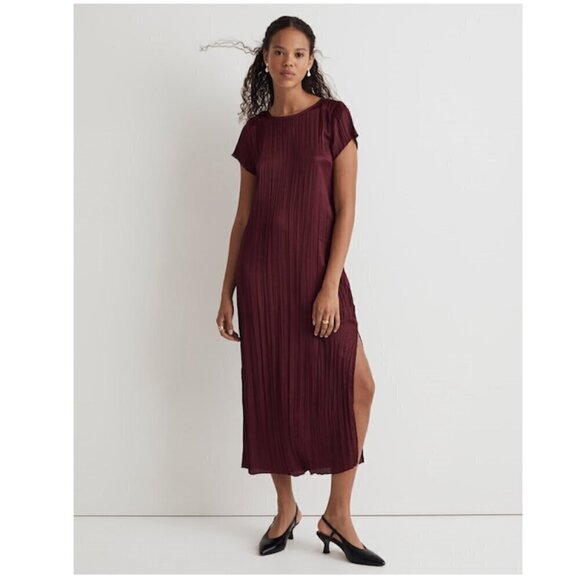 Madewell Short-Sleeve Slip Midi Dress in Plisse Mulberry Wine Size S NWT - Picture 1 of 11